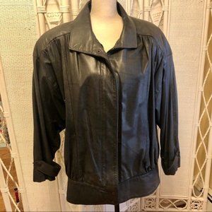 VINTAGE 80s Leather Jacket Black Bomber Oversized Batwing Sleeve Comint Large